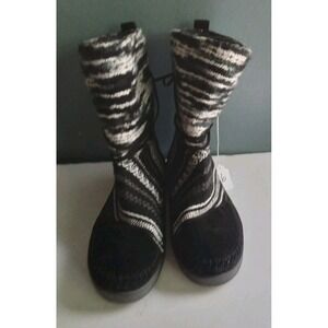 Black Suede Leather Boots Boho Knit Trim Lace Up Winter‎ Ankle Booties